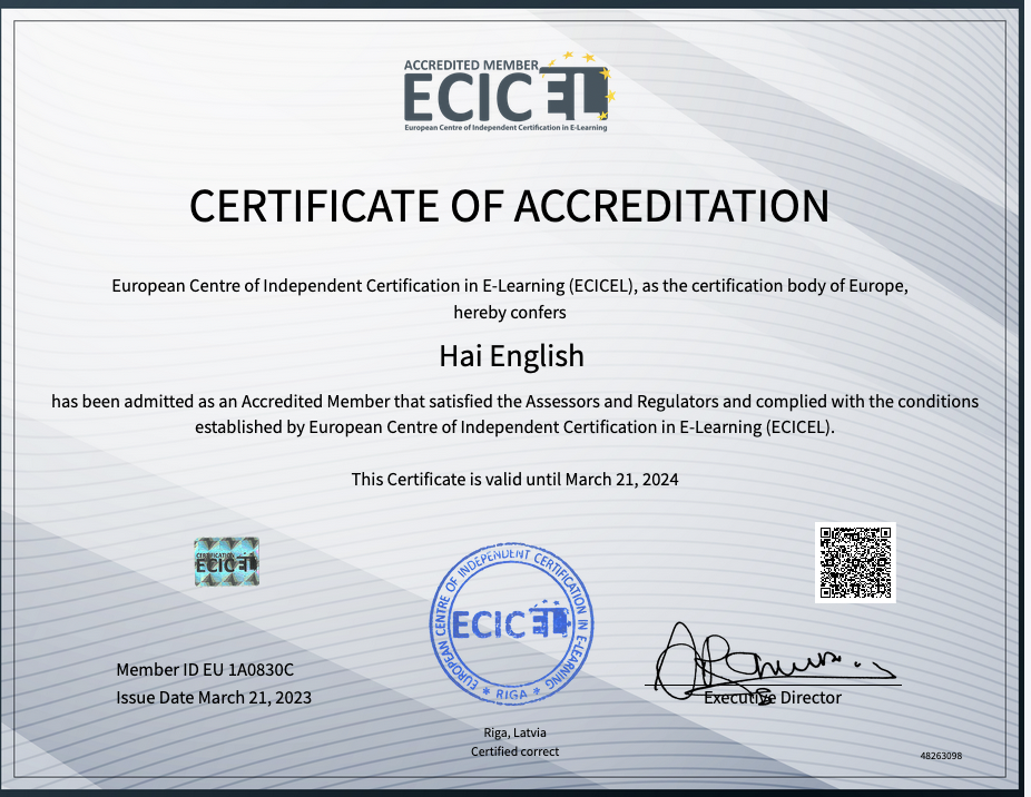 Certificate of Accreditation from ECICEL